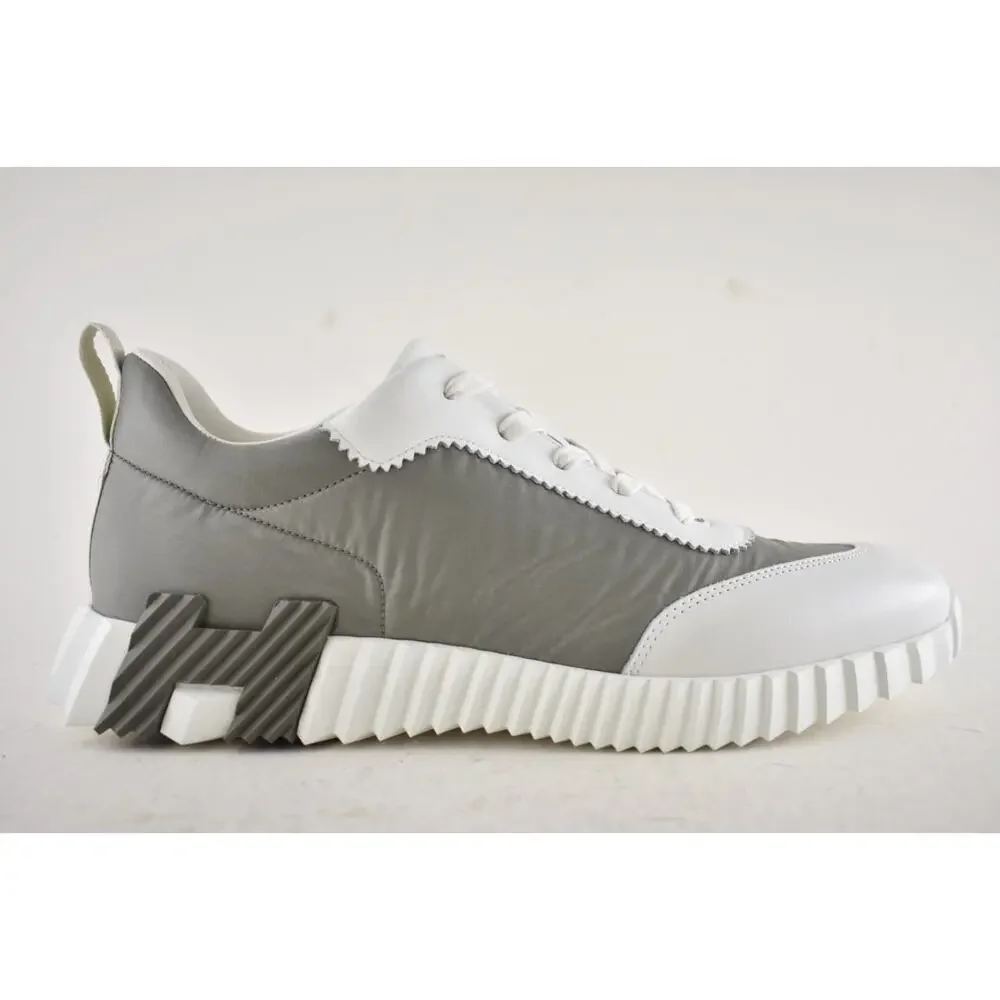 Hermes Mens Bouncing Sneaker Etoupe Blanc White Grey H Logo Lace Up Flat 44 11 - Picture 2 of 16